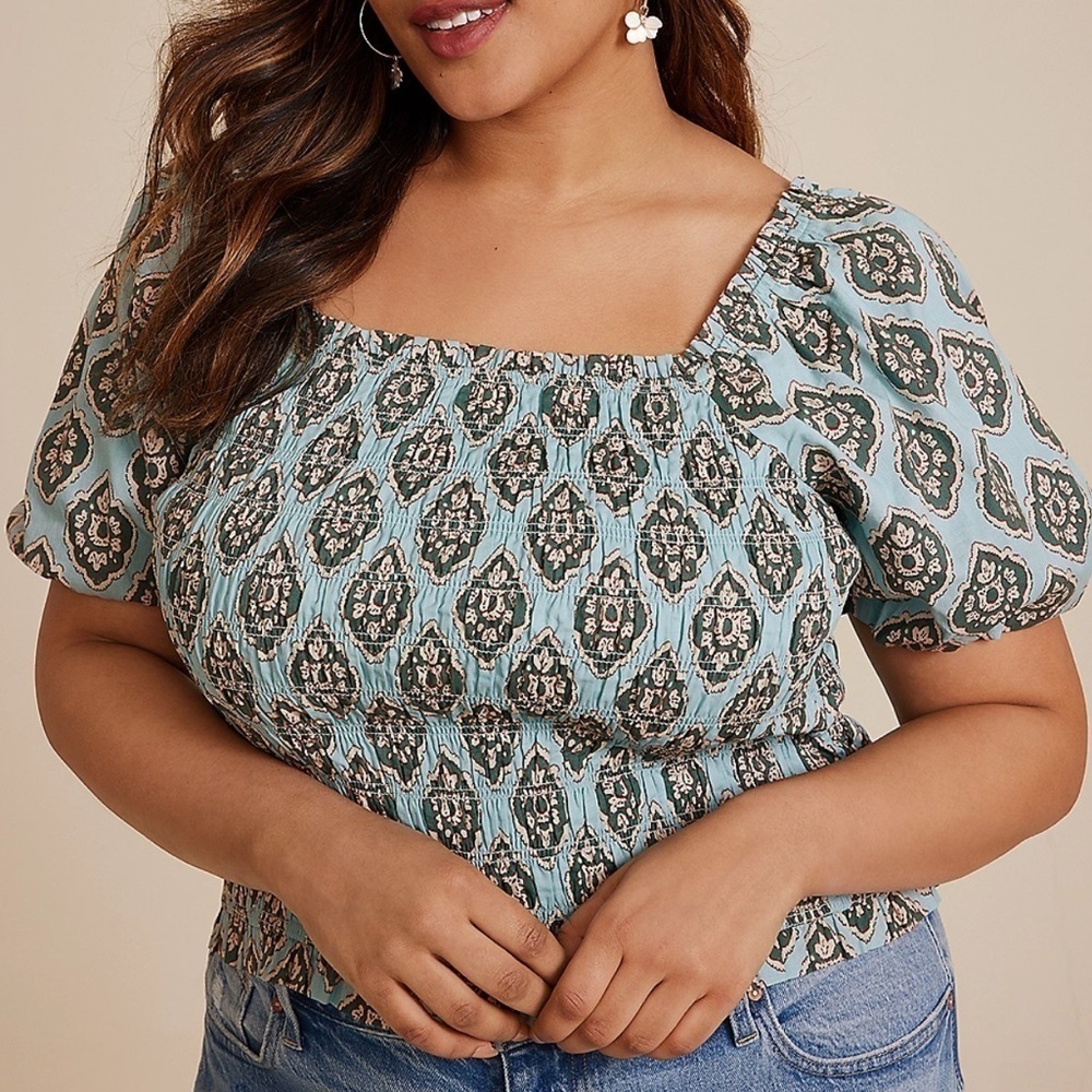 New Maurices Women's Boho Top Shirt Cotton Smocked Puff Sleeve 1X NWT Hippie